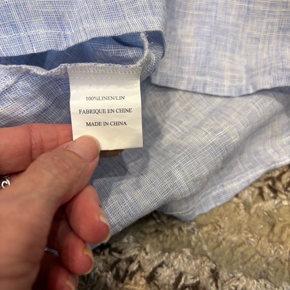 French Curve Linen shirt dress Small Tunic Cover up Blue Long Roll Tab Sleeves - Picture 12 of 12